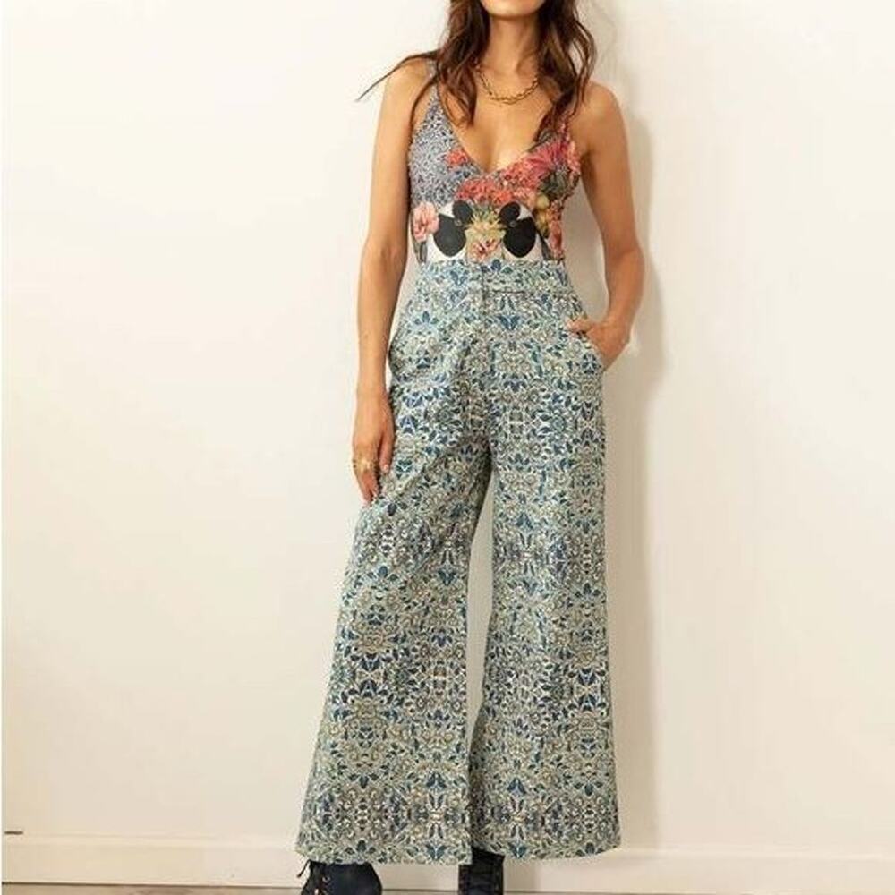 Carolina K Alice Cotton Loose Leg Casual Pants/Trousers Size S Blue/Cream